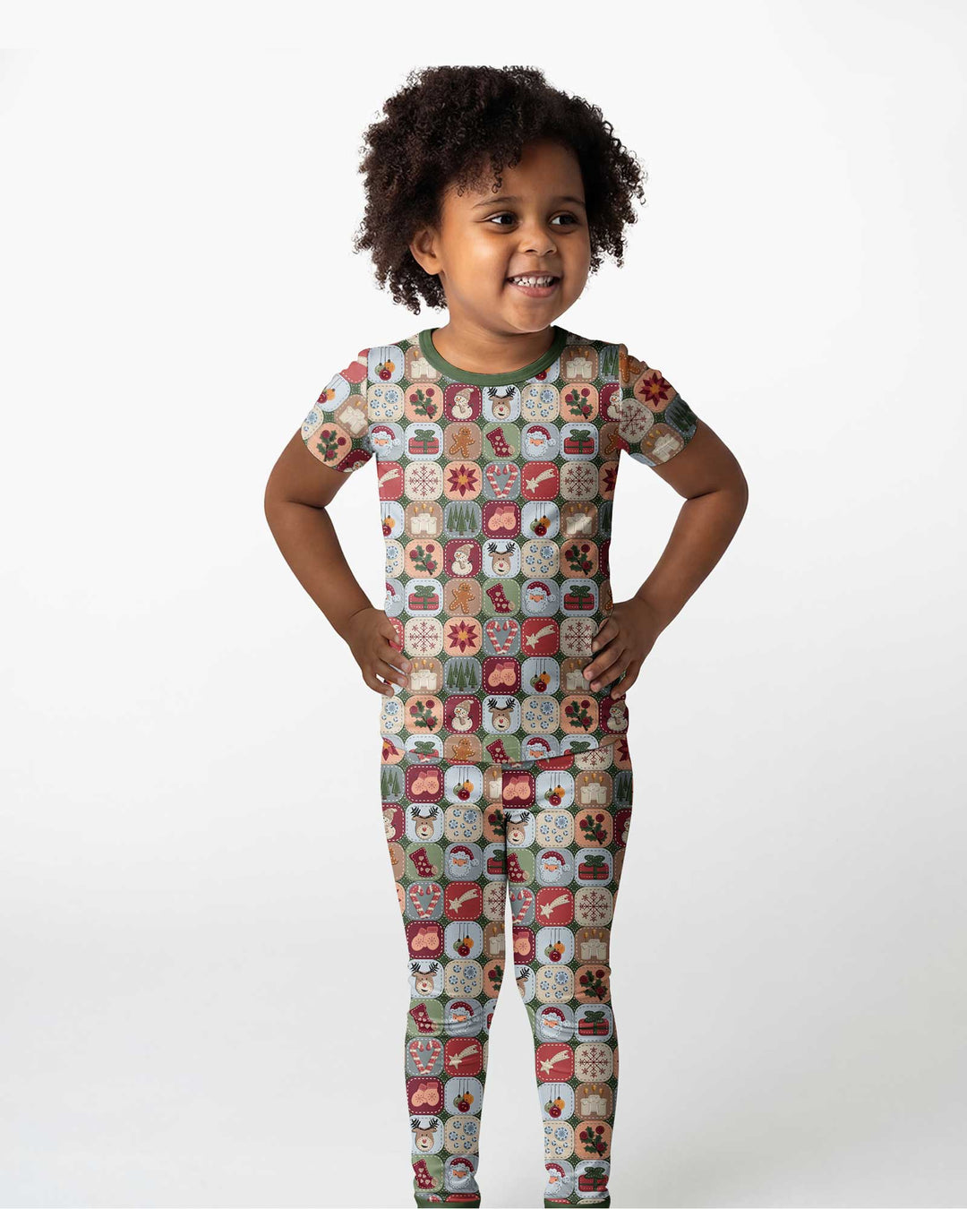 Christmas Felt Patchwork Bamboo Two Piece Short Sleeve Pajama Set