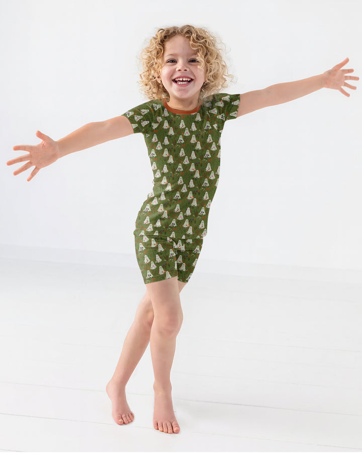 Cute Ghost Halloween Moss Green Floral Bamboo Two Piece Short Sleeve Shorts Pajama Set