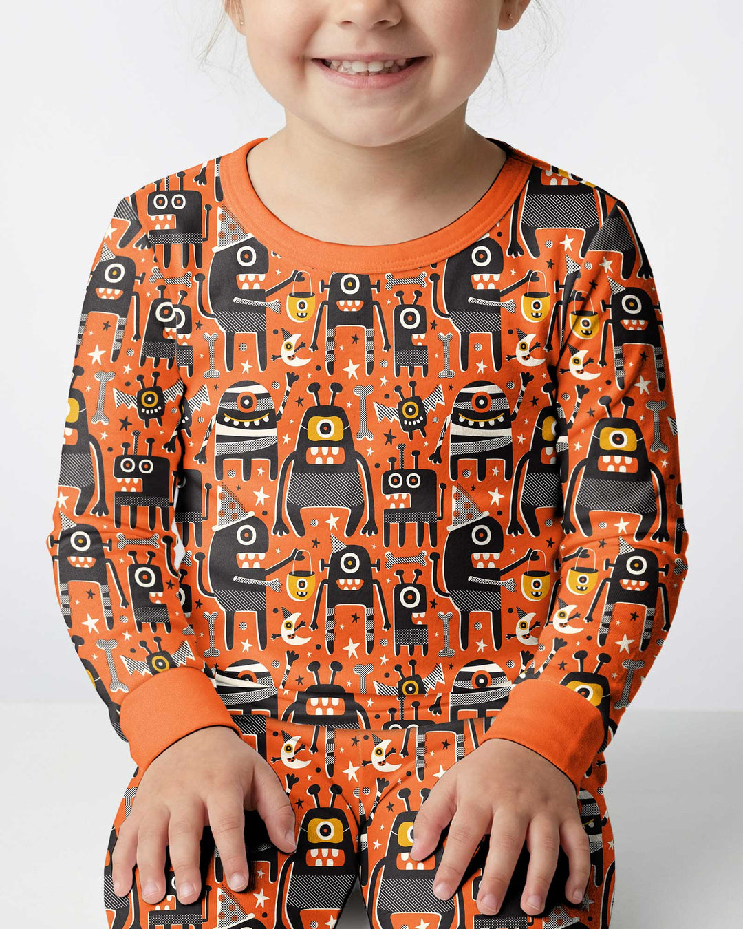 Mid Century Halloween Monster Toss Bamboo Two Piece Long Sleeve Pajama Set