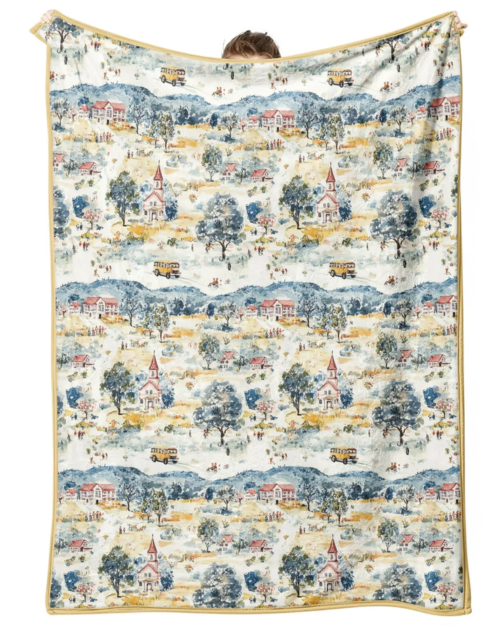 Whimsical Watercolor School Village Bamboo Blanket