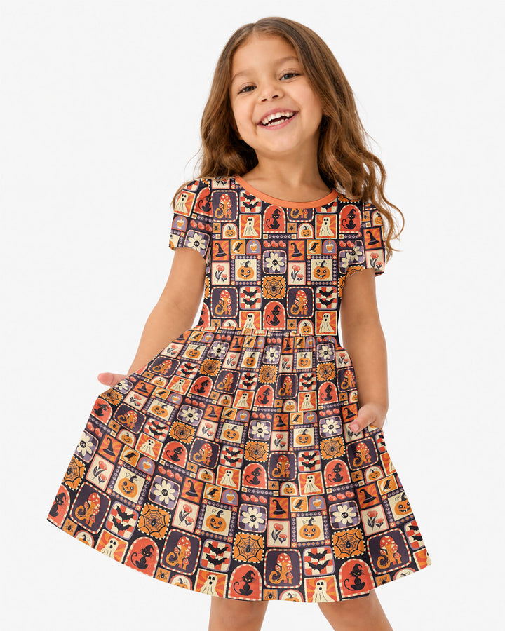 Retro Halloween Patchwork Icons Bamboo Twirl Dress