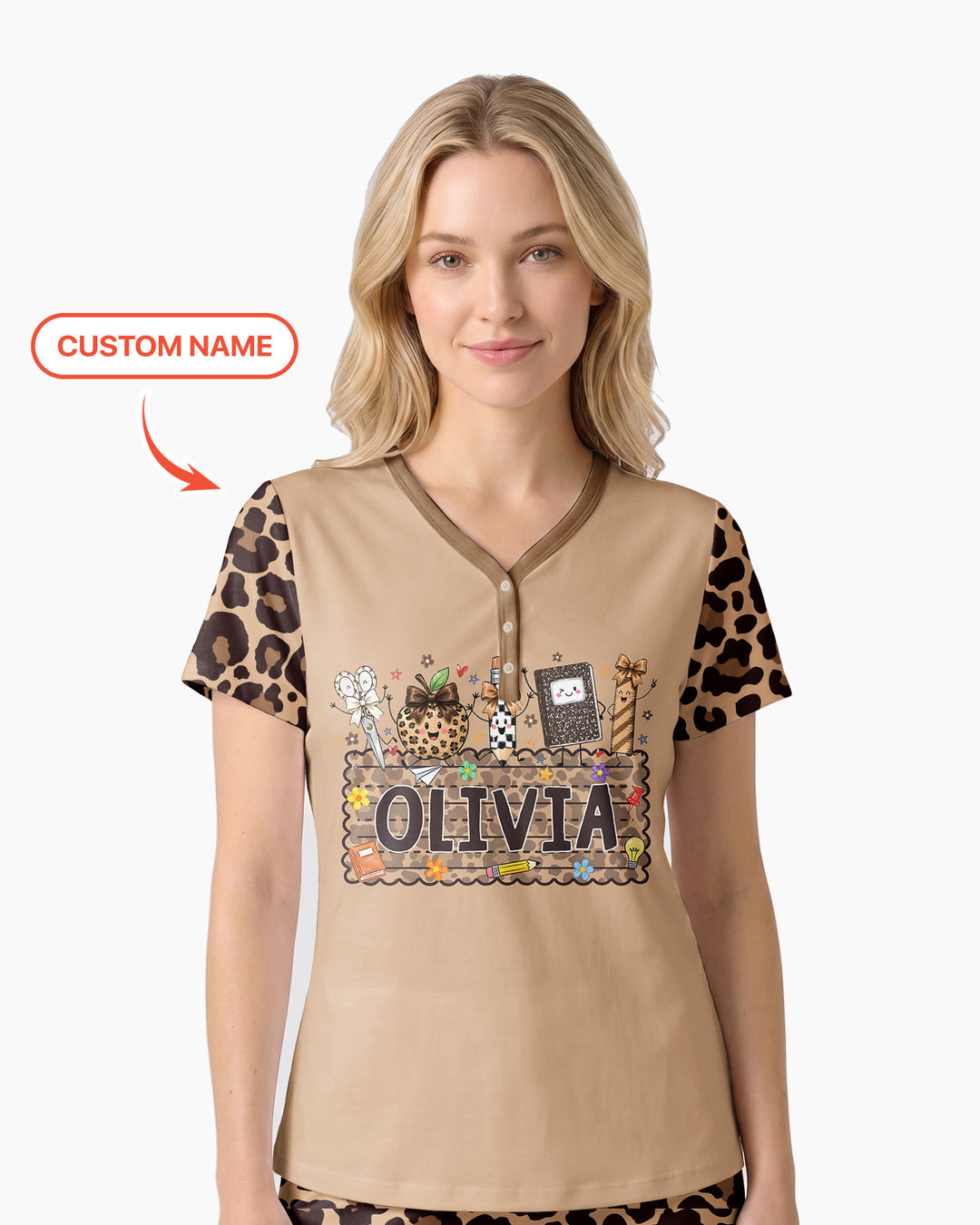 Custom Name School Sweetheart Leopard Bamboo Women Short Sleeve Short Pajama Set