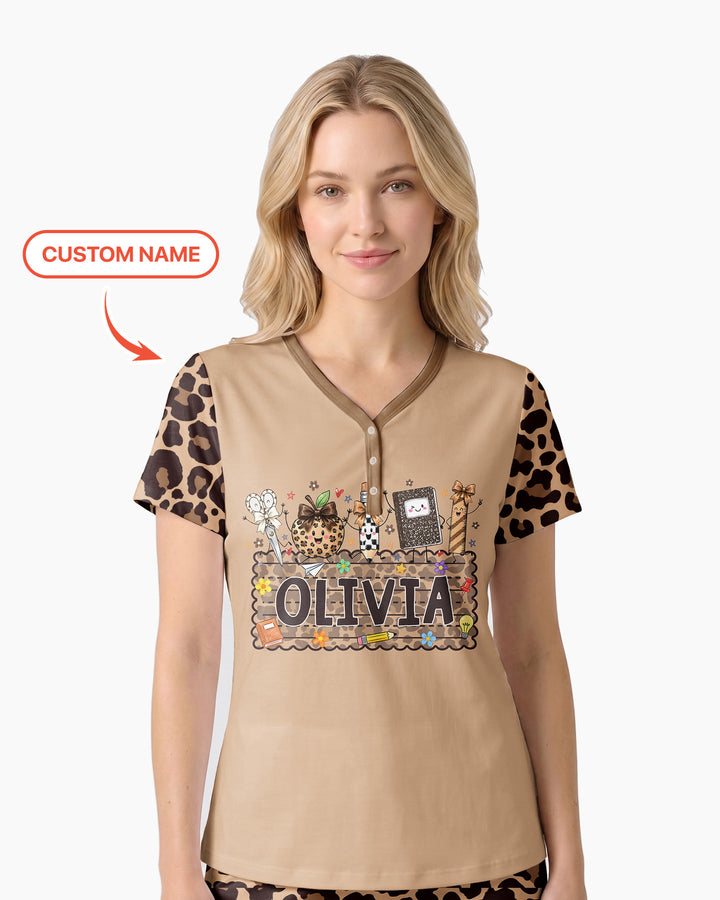 Custom Name School Sweetheart Leopard Bamboo Women Short Sleeve Short Pajama Set