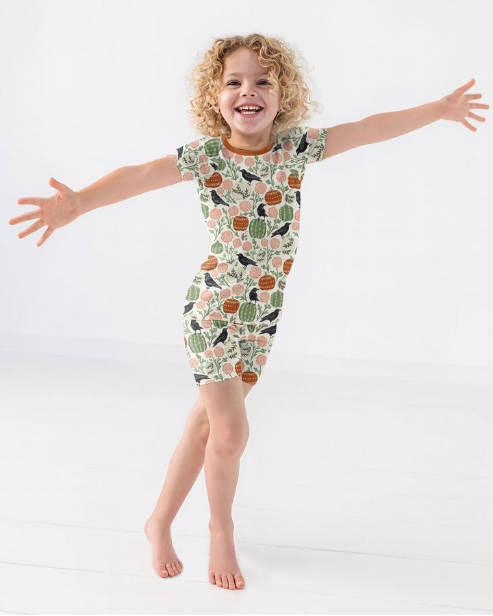 Country Crows with Mums and Pumpkins Bamboo Two Piece Short Sleeve Shorts Pajama Set