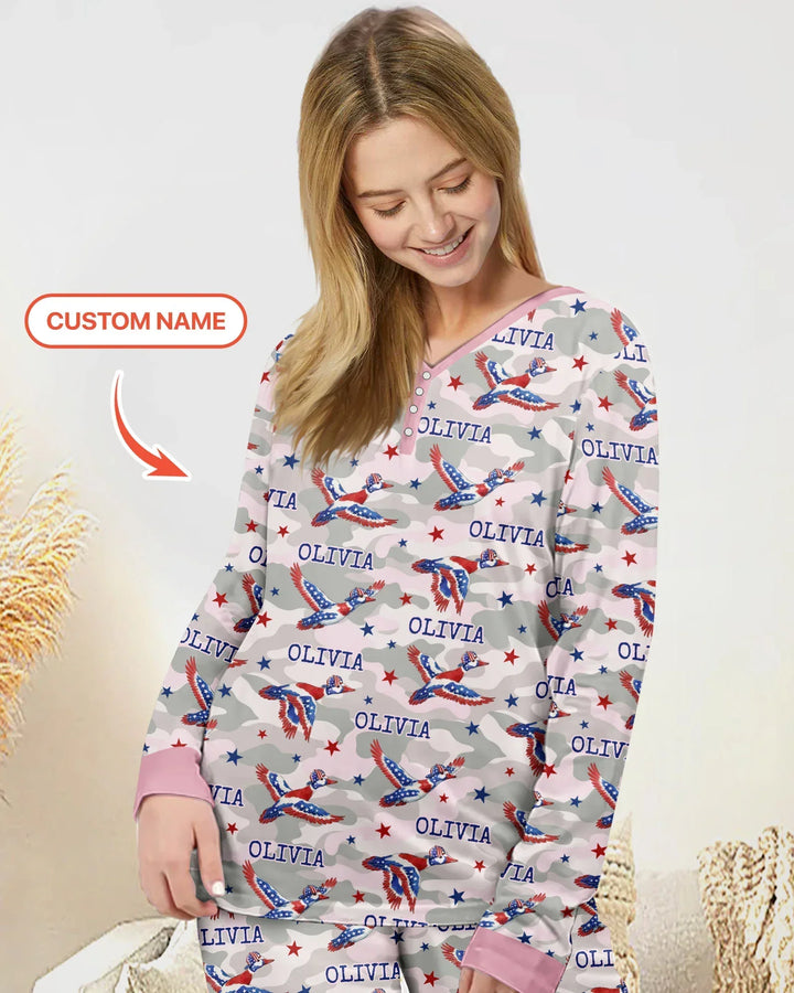 Custom Name America Mallard Duck Family Matching Bamboo Women Pajama Set