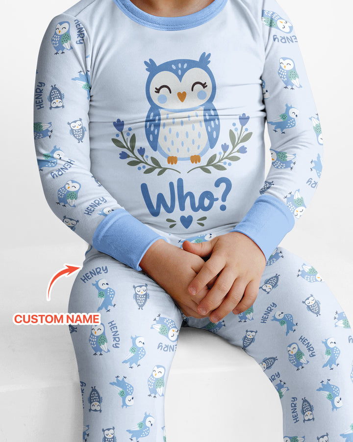 Custom Name Twin Owl Who's Who Bamboo Two Piece Long Sleeve Pajama Set