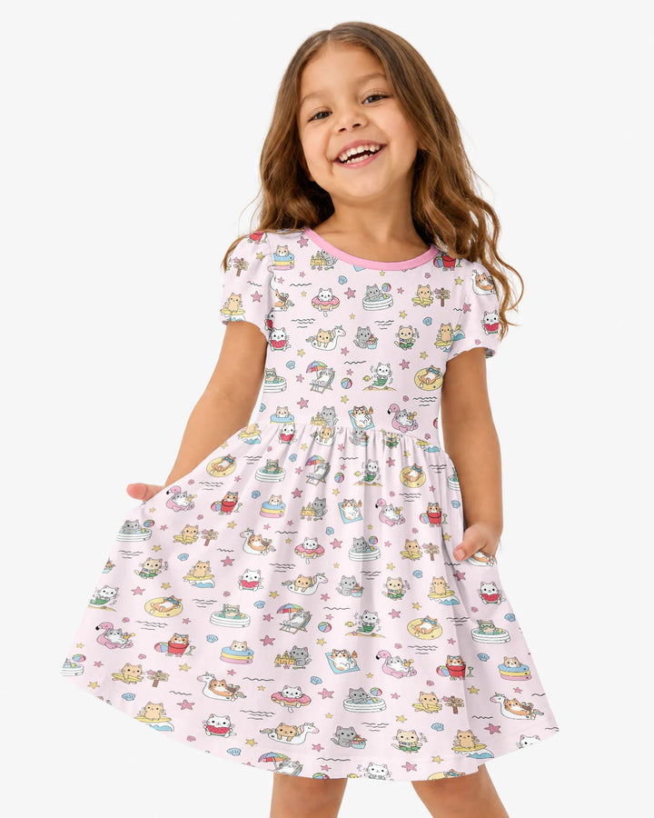 Kawaii Cats Summer Vacation Bamboo Twirl Dress