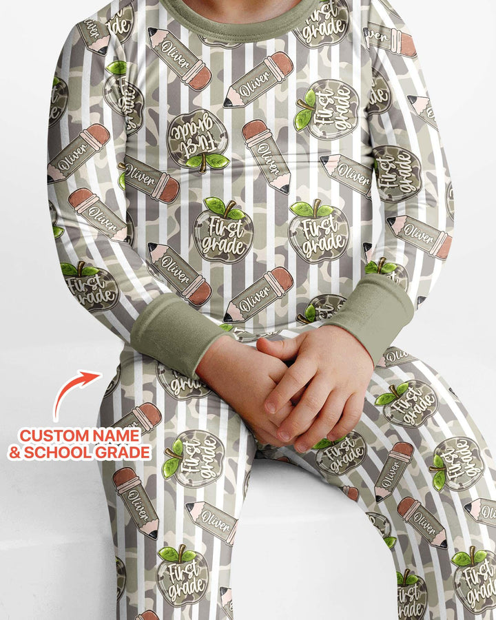 Custom Name Camo Apple Days Bamboo Two Piece Long Sleeve Pajama Set