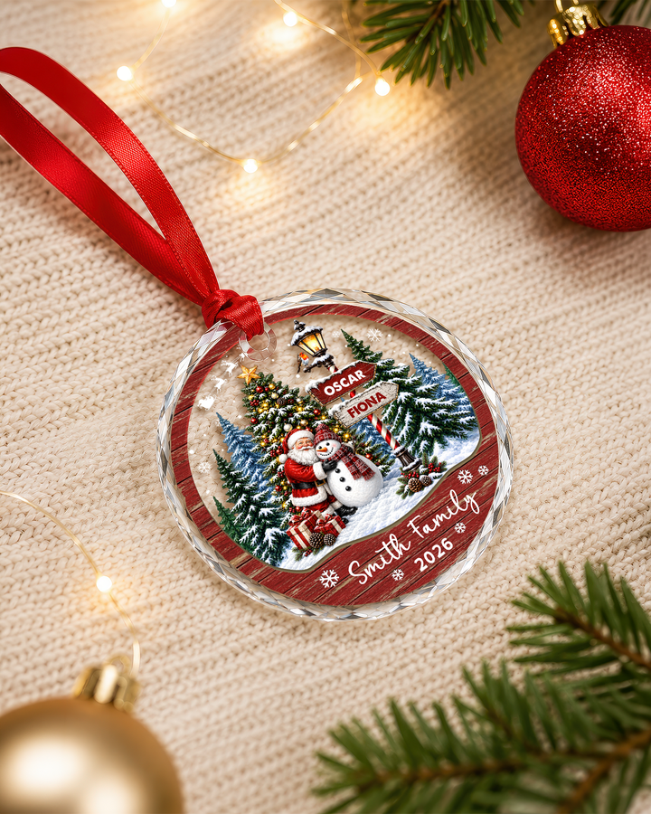 Vintage Christmas Family Signpost - Personalized Glass Ornament