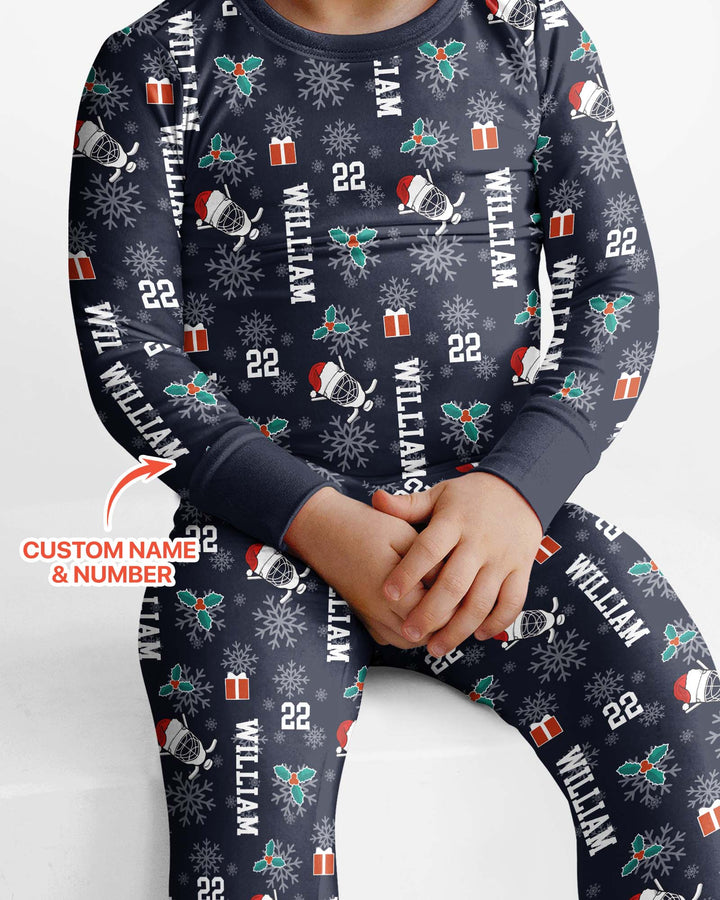 Custom Name Hockey Holiday Bamboo Two Piece Long Sleeve Pajama Set