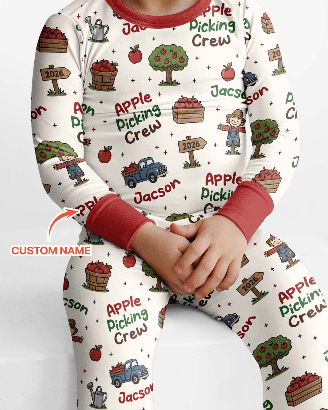 Custom Name Apple Picking Crew Bamboo Two Piece Long Sleeve Pajama Set