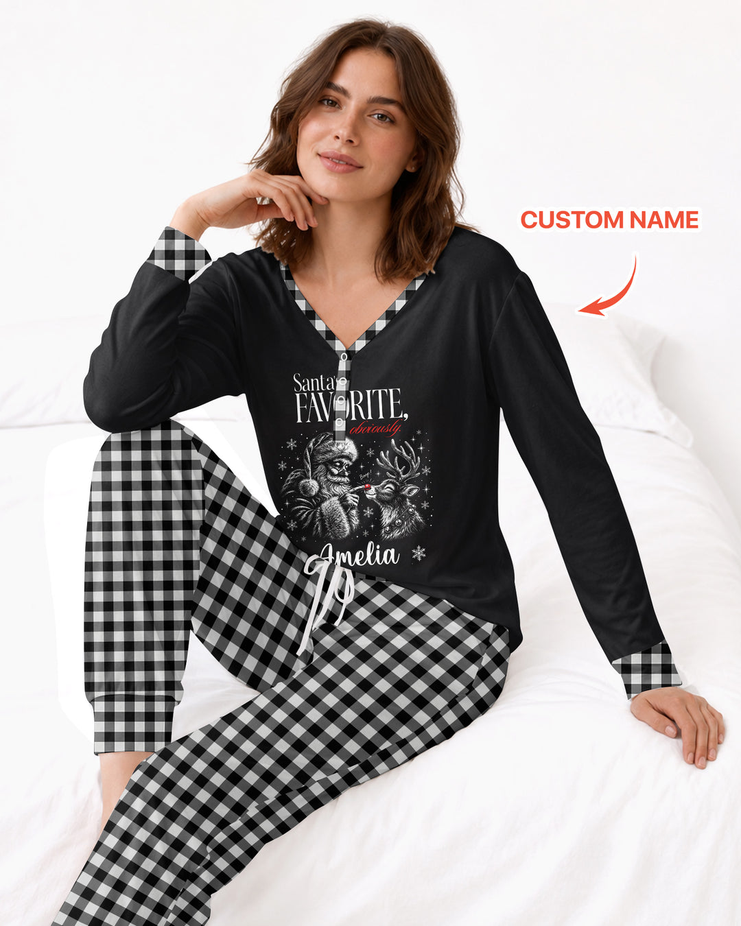 Custom Name Santa's Favorite Buffalo Plaid Bamboo Women Pajama Set