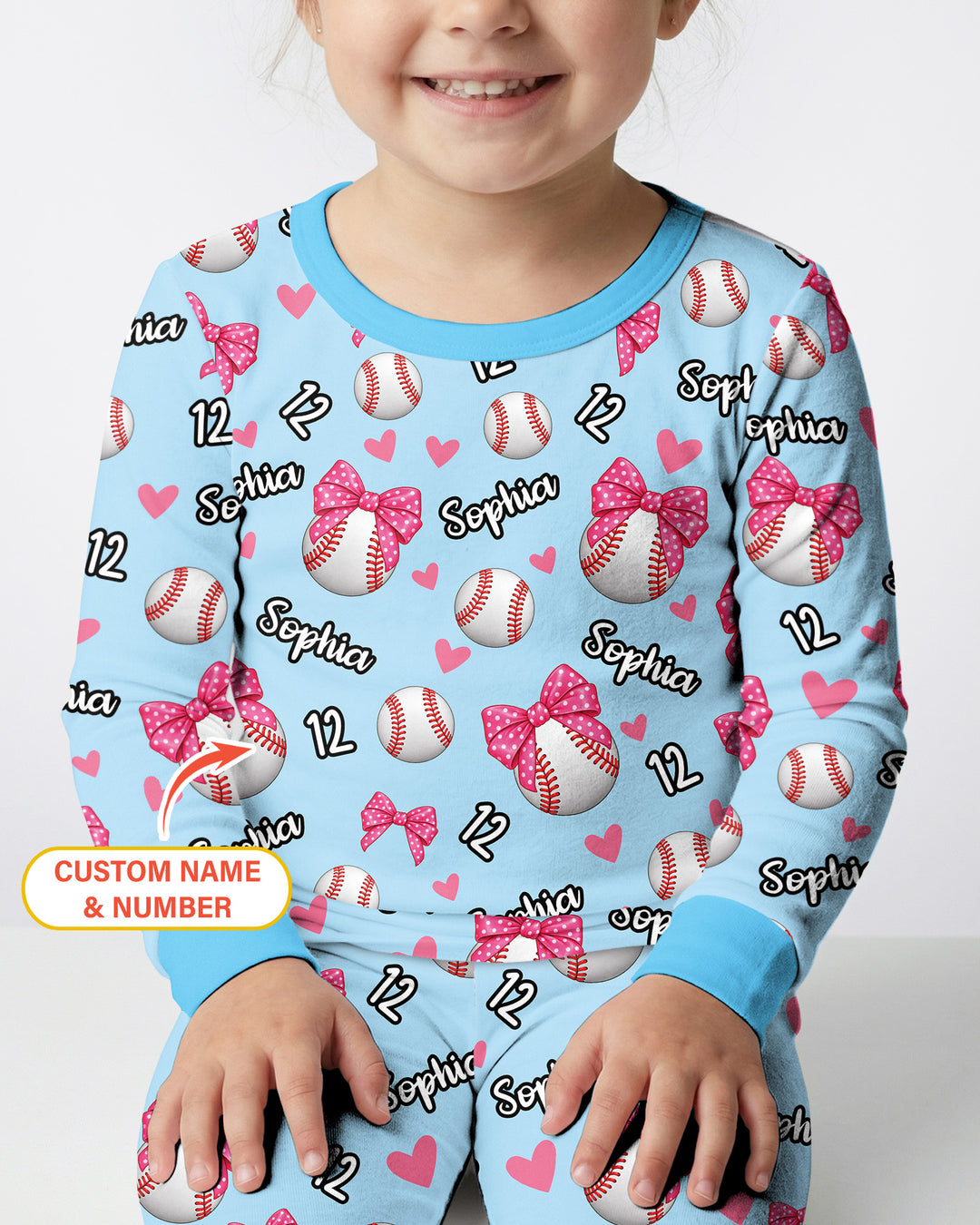 Coquette Ball Custom Name And Number Bamboo Two Piece Long Sleeve Pajama Set