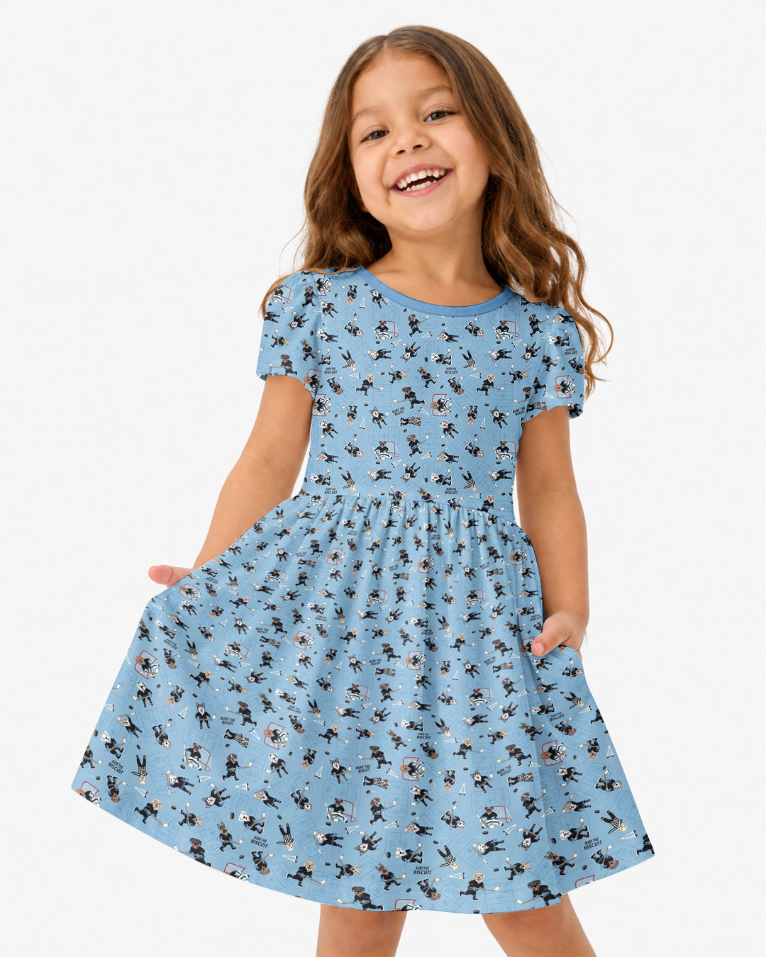 Hockey Dogs - Blue and Black Bamboo Twirl Dress