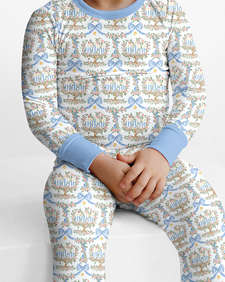 Cute Bow Hanukkah Menorah Bamboo Two Piece Long Sleeve Pajama Set