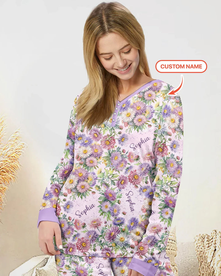Custom Name Birth Month Flowers Bamboo Women Pajama Set