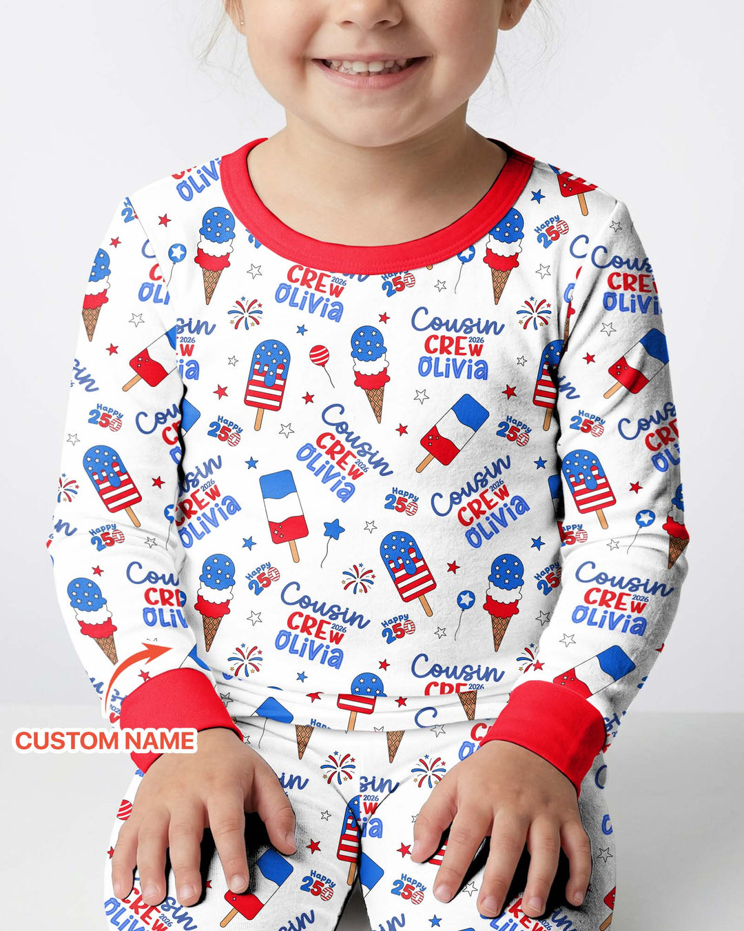Custom Name 4th of July Cousin Crew Bamboo Two Piece Long Sleeve Pajama Set