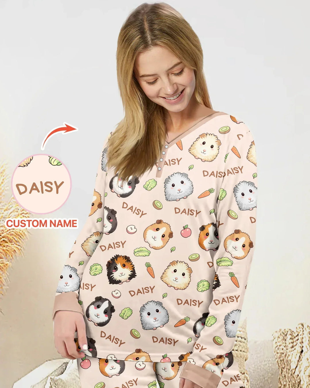 Custom Name Cute Guinea Pigs Bamboo Women Pajama Set