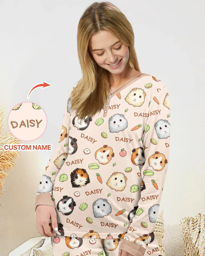 Custom Name Cute Guinea Pigs Bamboo Women Pajama Set