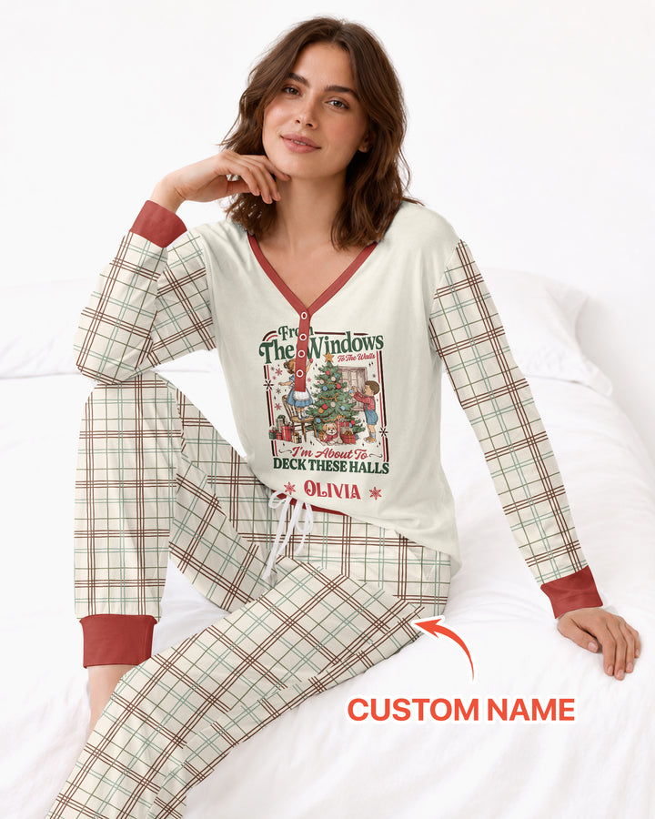 Custom Name Vintage Deck The Halls Bamboo Women Pajama Set