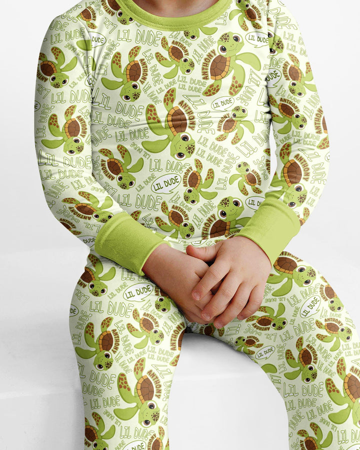 Custom Name Version Father and Son Turtle Bamboo Two Piece Long Sleeve Pajama Set