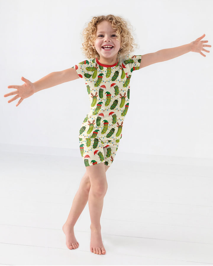 Cheerful Christmas Pickle Bamboo Two Piece Short Sleeve Shorts Pajama Set