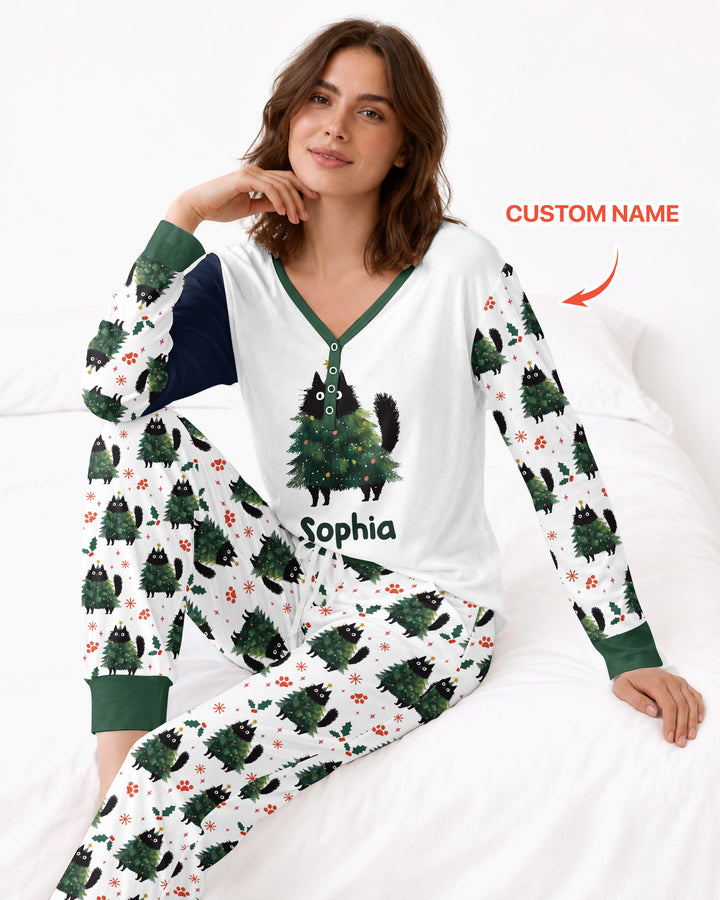Custom Name Black Cat Christmas Bamboo Women Pajama Set