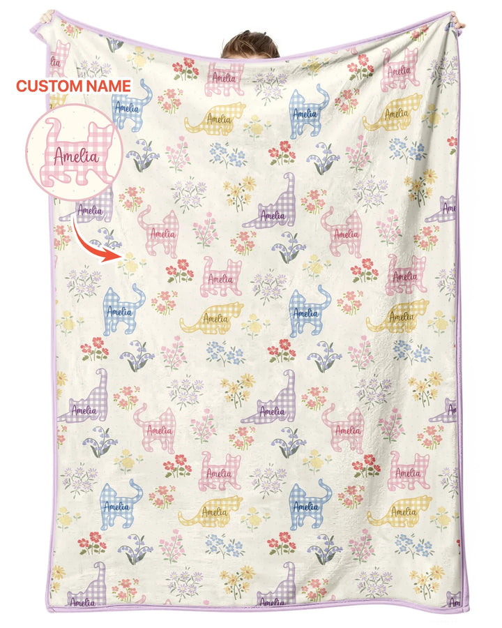 Gingham Cats Custom Name Bamboo Blanket