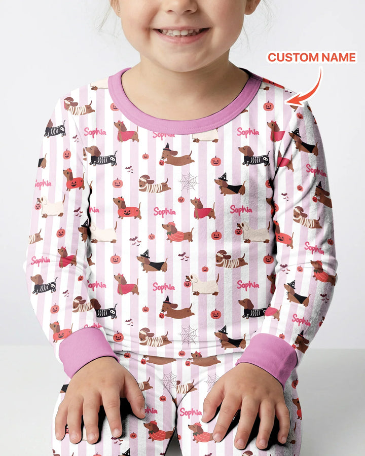 Custom Name Boo Crew Halloween Dachshund  Bamboo Two Piece Long Sleeve Pajama Set