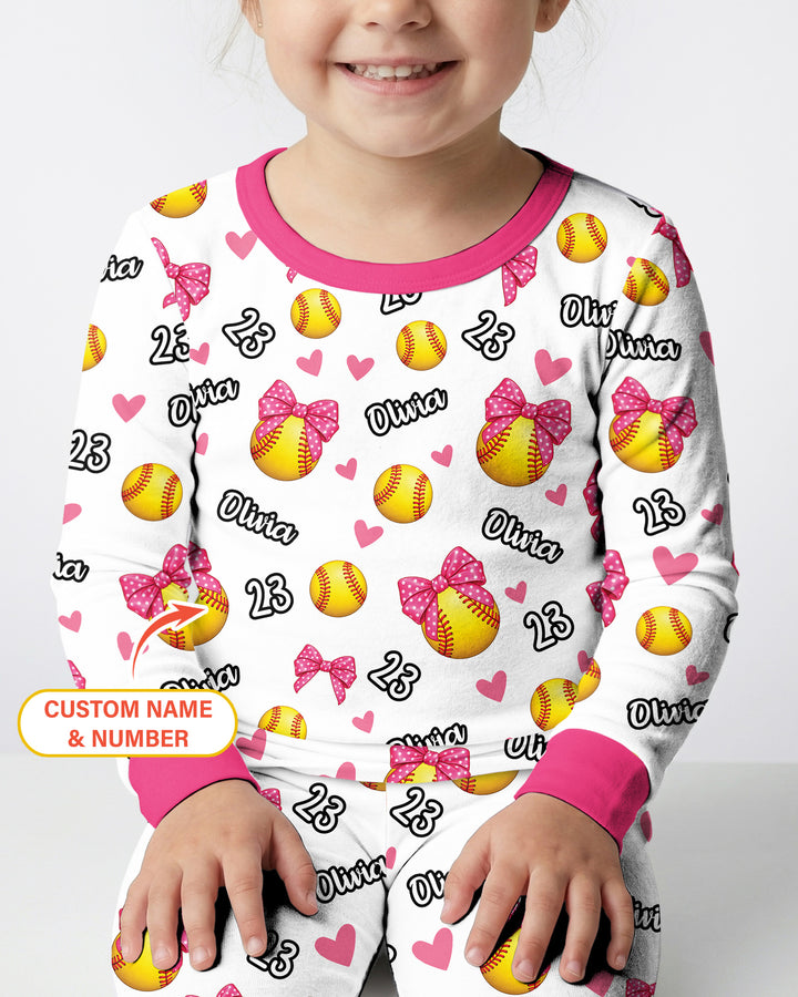 Coquette Ball Custom Name And Number Bamboo Two Piece Long Sleeve Pajama Set