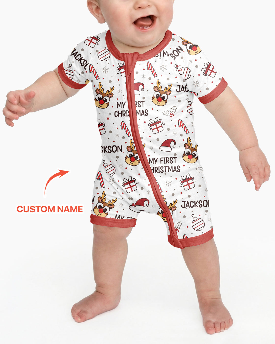 Custom Name Reindeer Doodle My First Christmas Bamboo Shorty Zippy