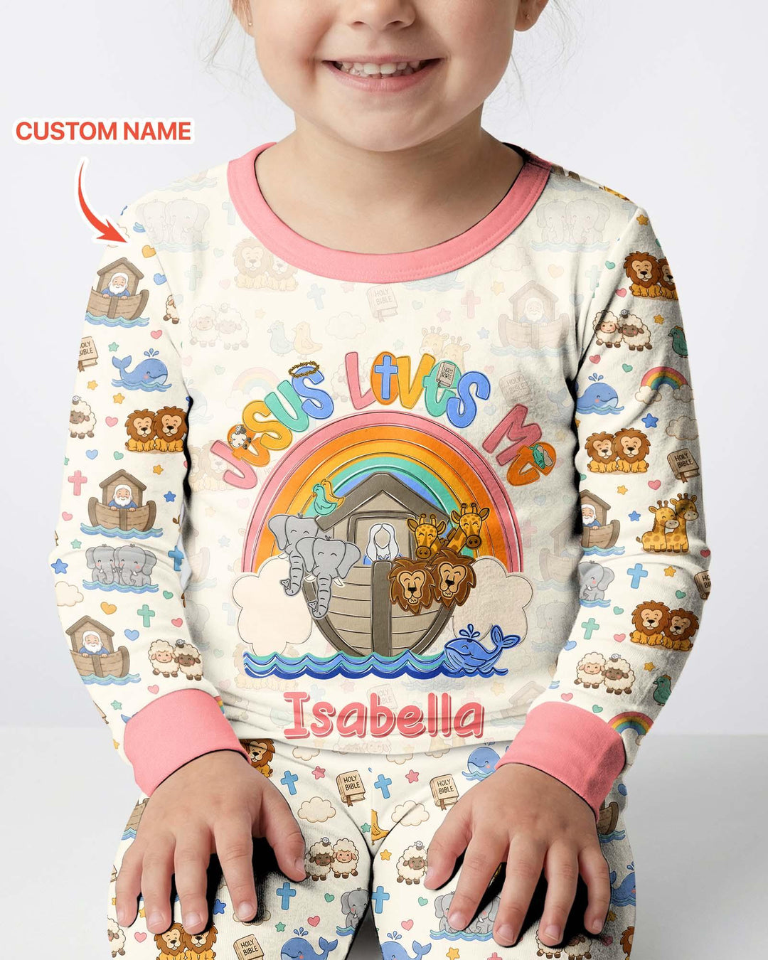 Custom Name Noah's Ark Jesus Loves Me Bamboo Two Piece Long Sleeve Pajama Set