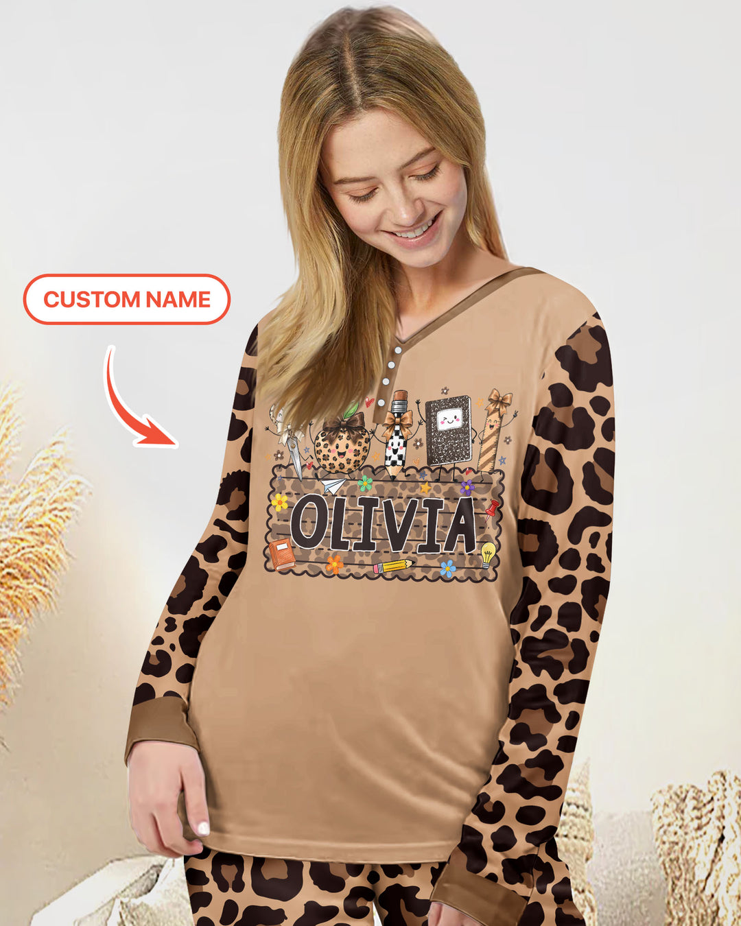 Custom Name School Sweetheart Leopard Bamboo Women Pajama Set