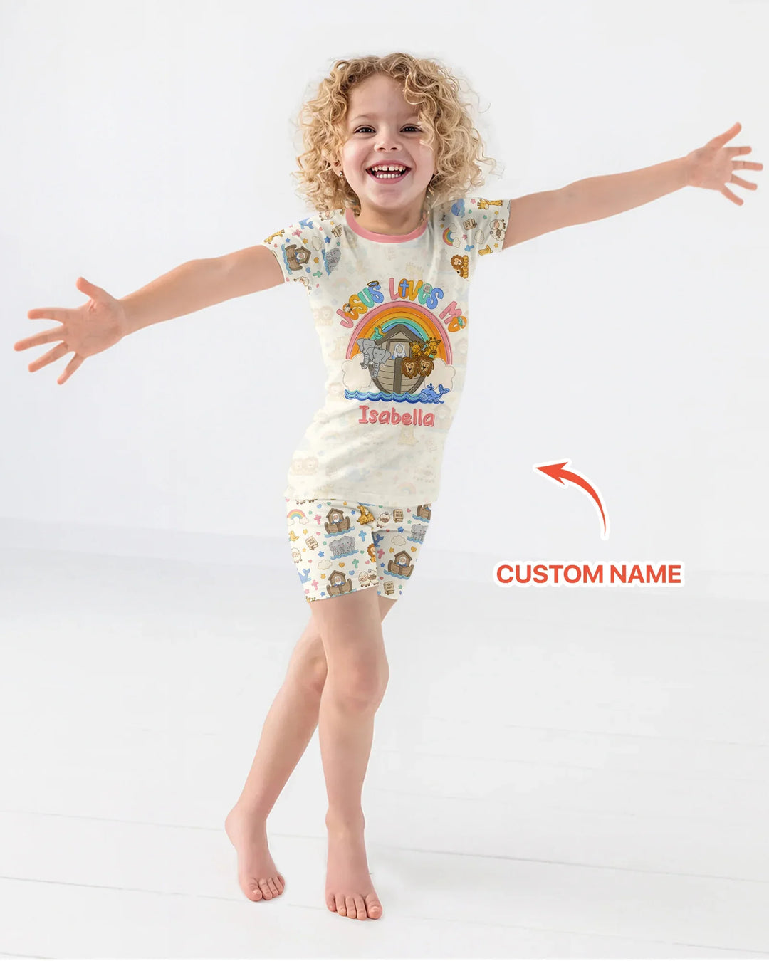 Custom Name Noah's Ark Jesus Loves Me Bamboo Two Piece Short Sleeve Shorts Pajama Set