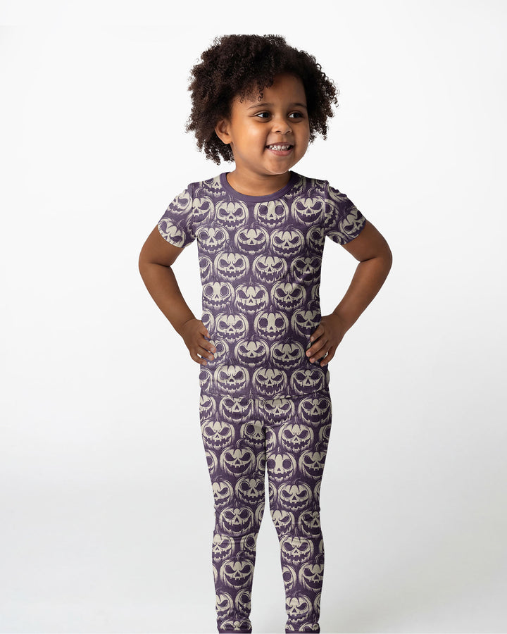 Retro Halloween Jack-O-Lantern Spooky Faces Bamboo Two Piece Short Sleeve Pajama Set