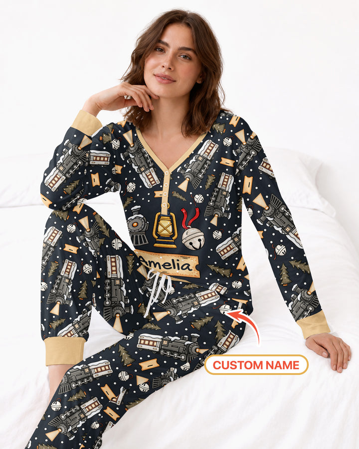 Custom Name Believe Kid Train Bamboo Women Pajama Set