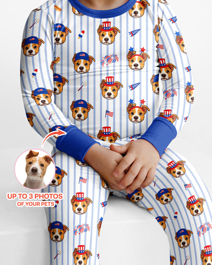 Custom Pet Image 4th of July Family Matching Bamboo Two Piece Long Sleeve Pajama Set