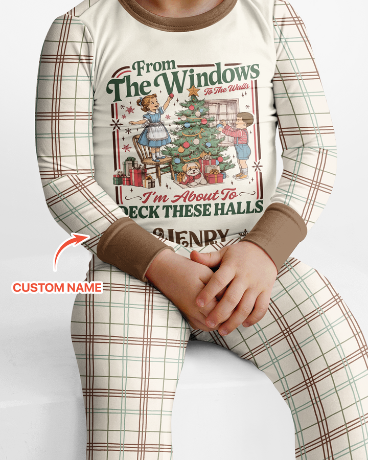 Custom Name Vintage Deck The Halls Bamboo Two Piece Long Sleeve Pajama Set