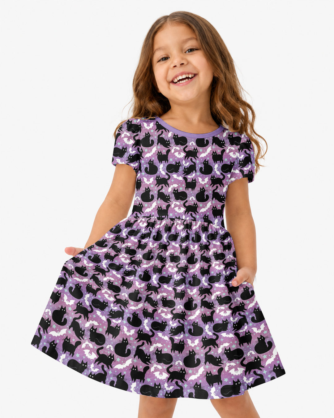 Spooky Black Cat Halloween Purple Bats Bamboo Twirl Dress