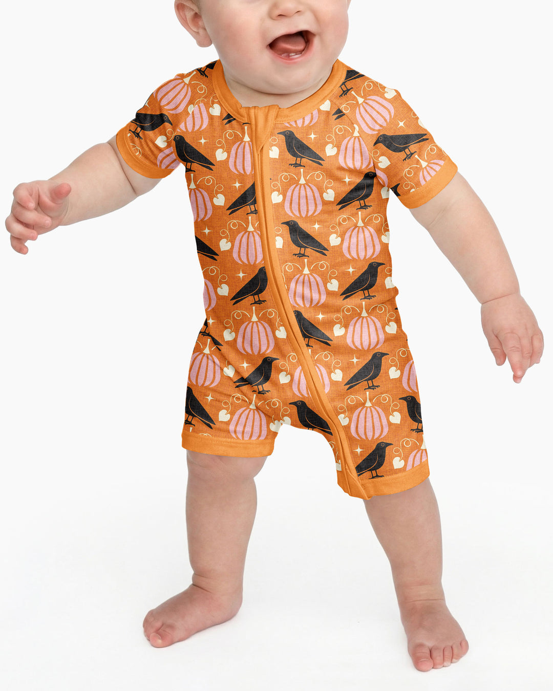 Ravens in a Pumpkin Patch - Orange Pink Bamboo Shorty Zippy