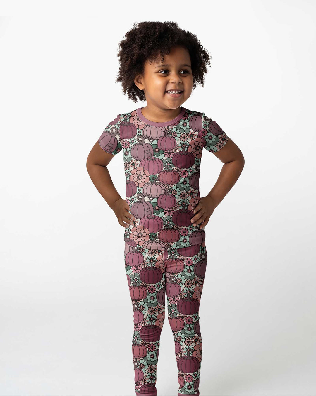 Retro Floral Pumpkin Patch Bamboo Two Piece Short Sleeve Pajama Set