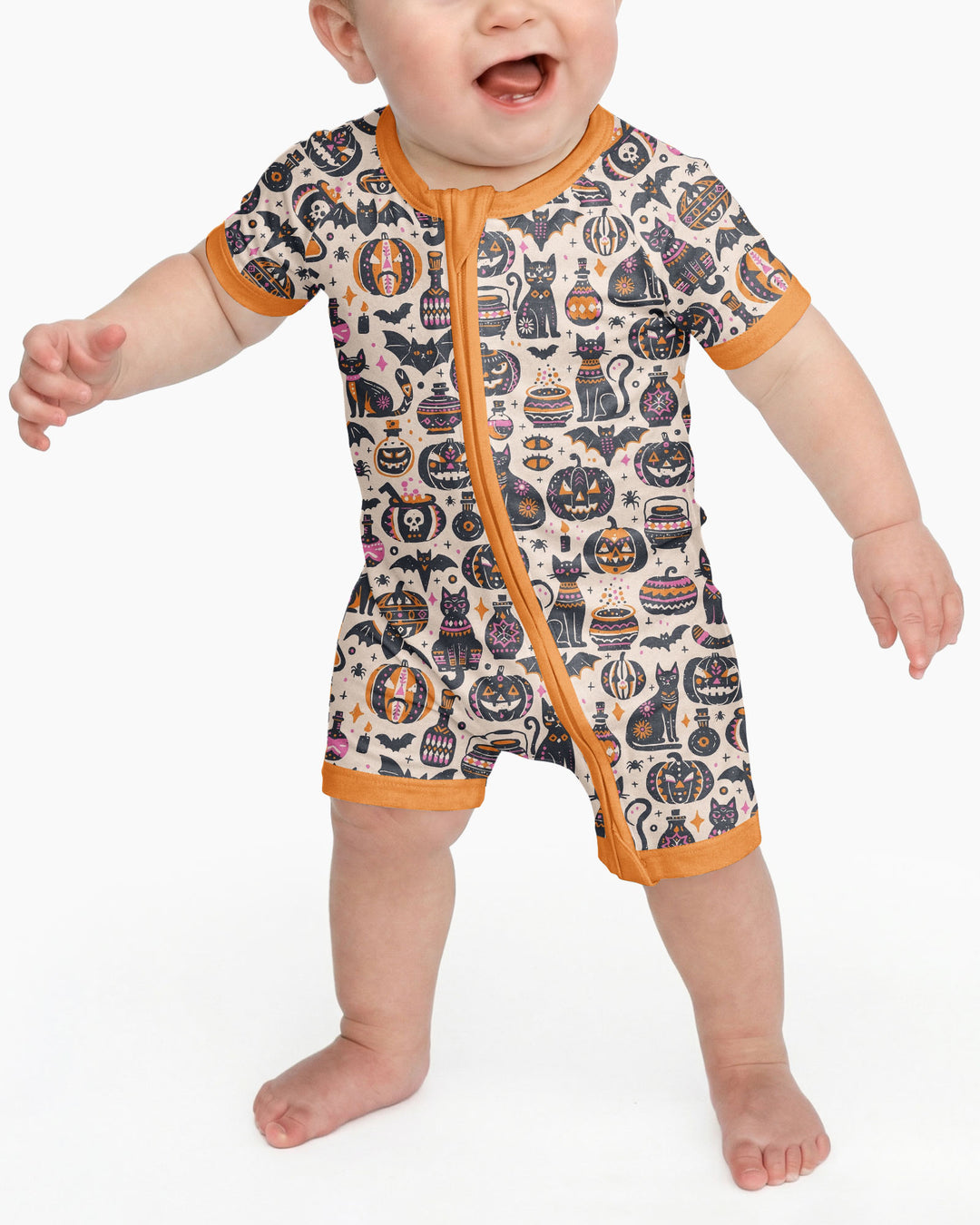 Whimsical Tribal Retro Halloween Black Cats Pumpkins Bamboo Shorty Zippy