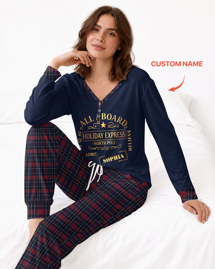 Custom Name North Pole Plaid Bamboo Women Pajama Set