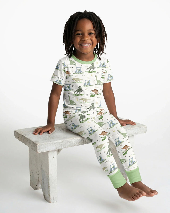 Dinos On The Green Daddy & Me Matching Bamboo Two Piece Short Sleeve Pajama Set