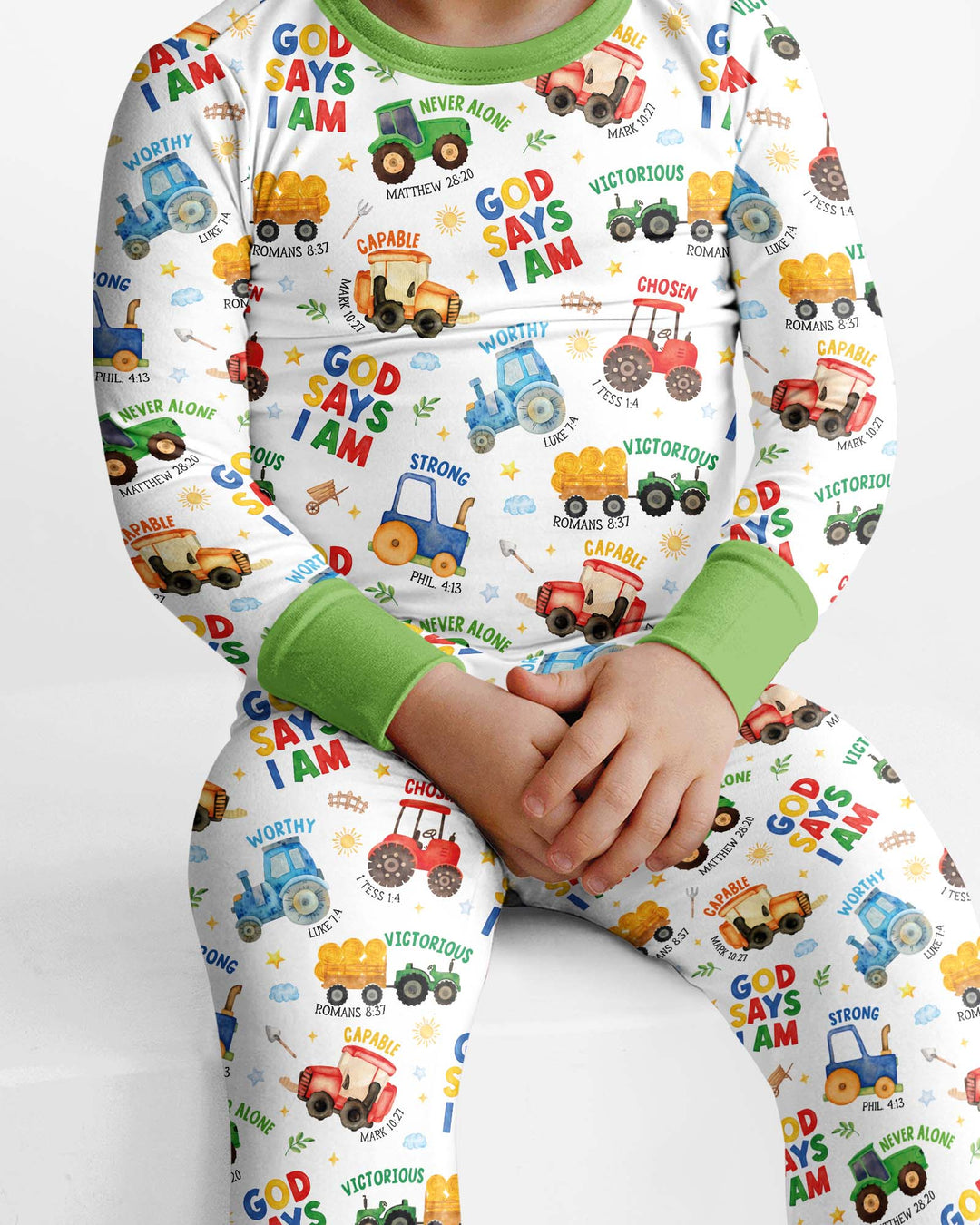 Farm Vehicles God Says I am Bamboo Two Piece Long Sleeve Pajama Set