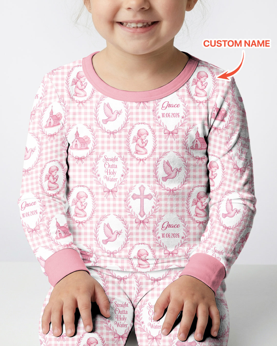 Custom Name Baptism Straight Outta Holy Water Bamboo Two Piece Long Sleeve Pajama Set