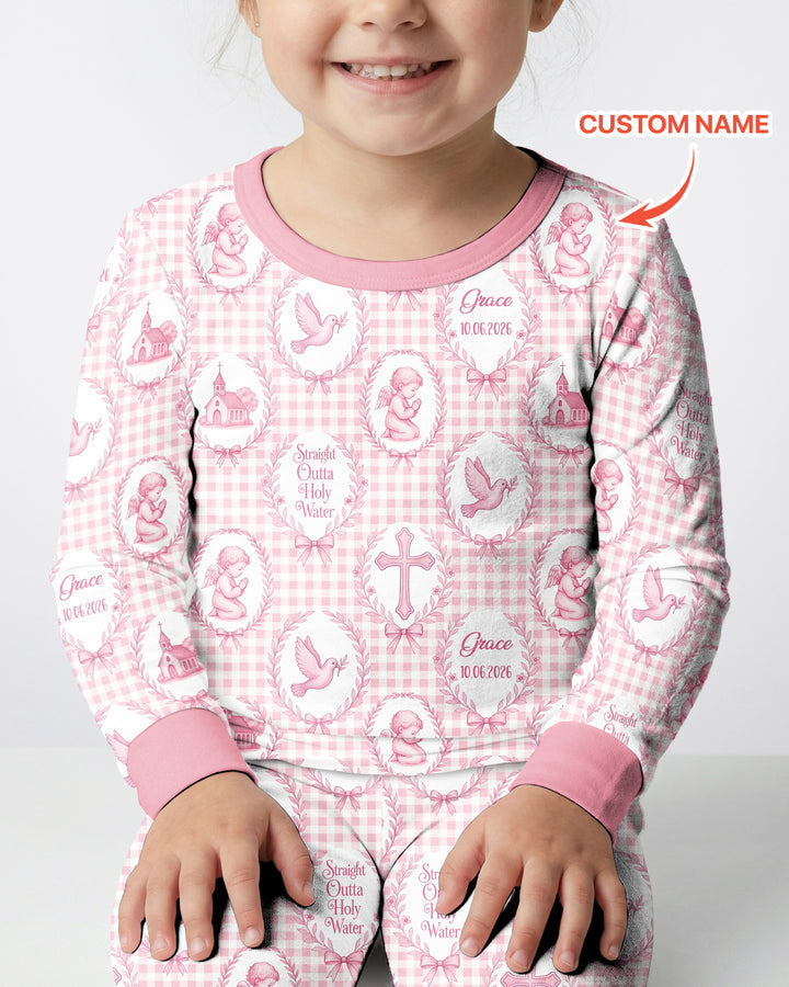 Custom Name Baptism Straight Outta Holy Water Bamboo Two Piece Long Sleeve Pajama Set
