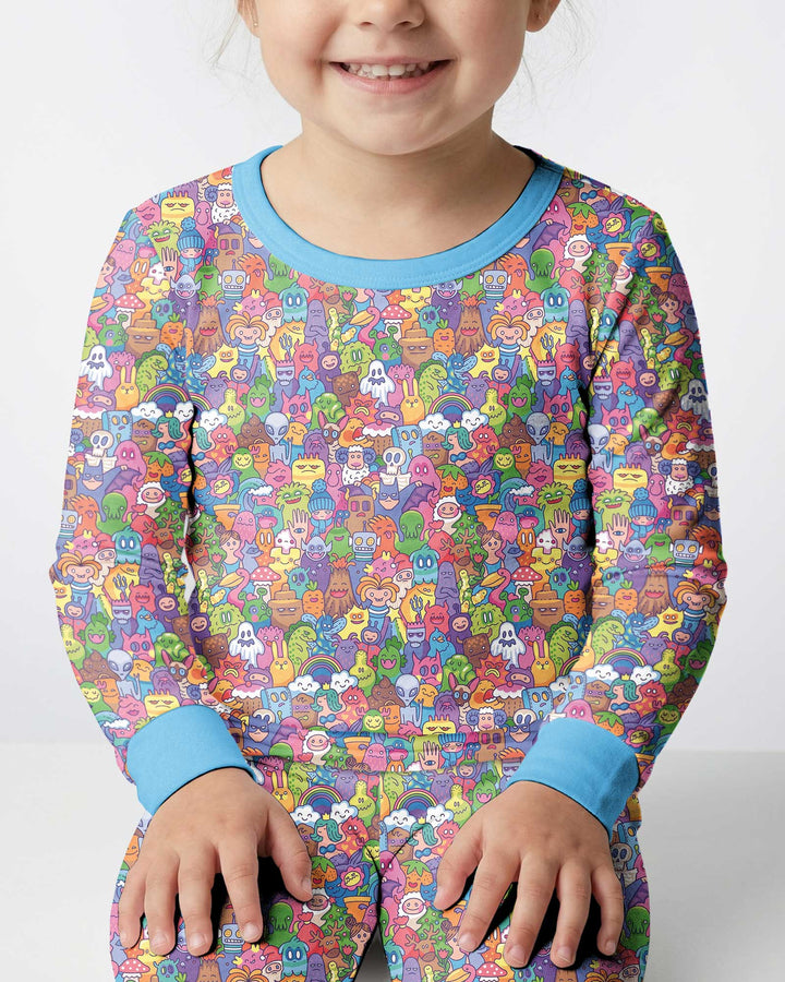 Doodle Characters Pastel Bamboo Two Piece Long Sleeve Pajama Set