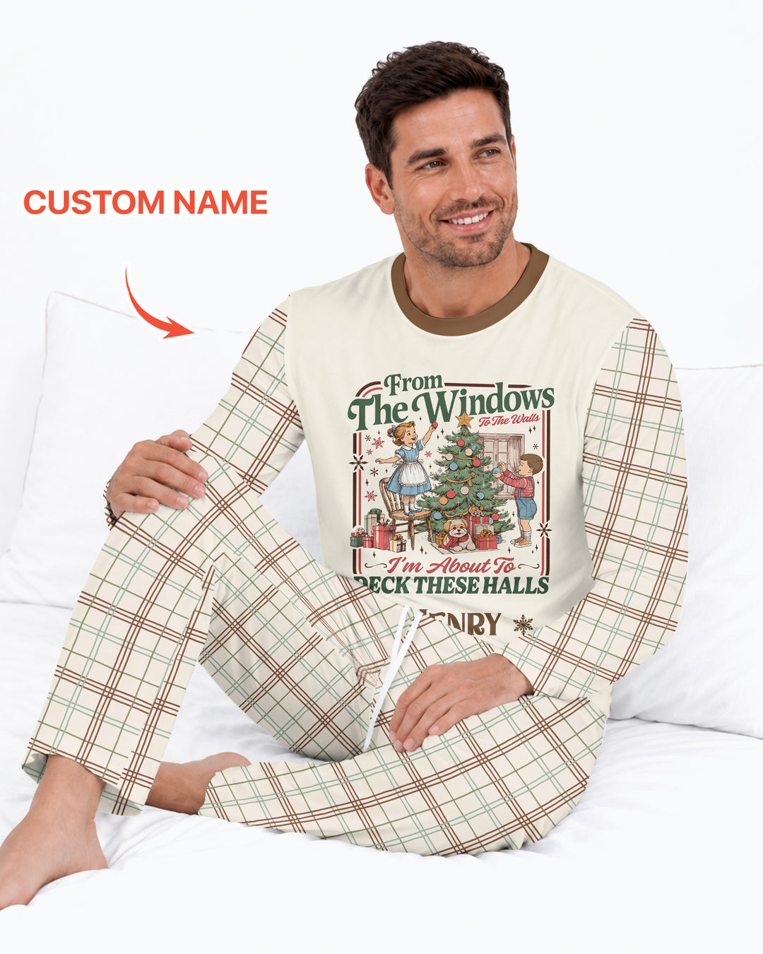 Custom Name Vintage Deck The Halls Bamboo Men's Pajama Set