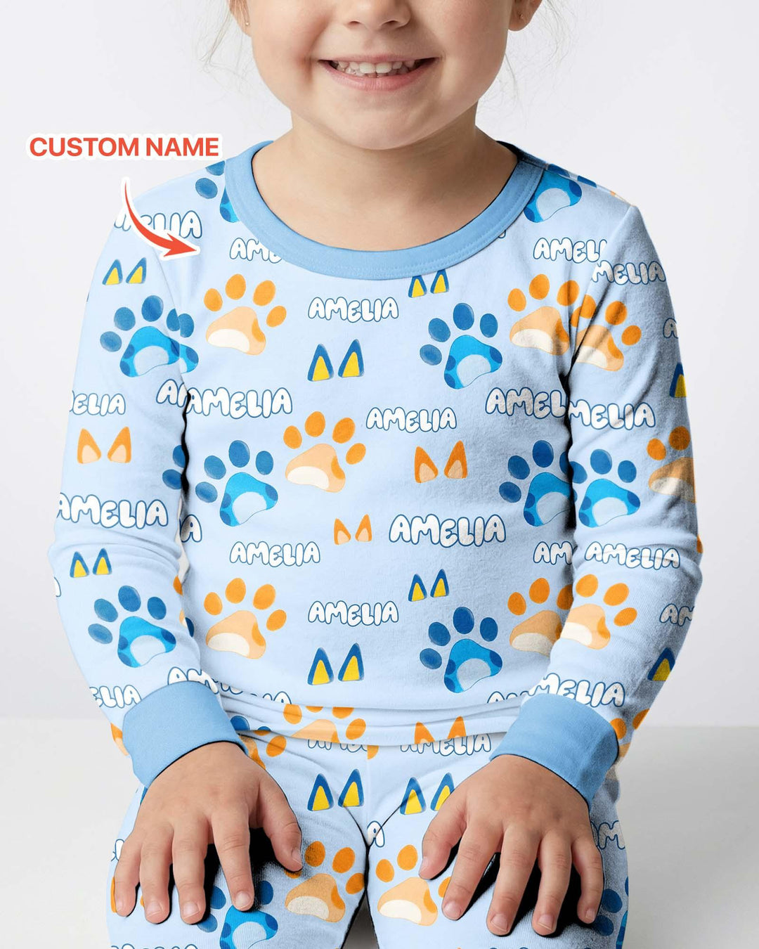 Custom Name Favourite Blue Dog Family Matching Bamboo Two Piece Long Sleeve Pajama Set
